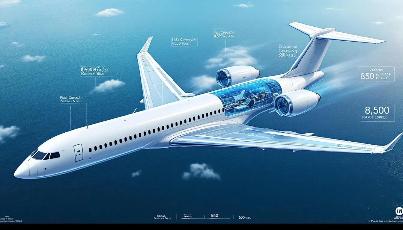 The image illustrates the impressive range and performance capabilities of private jumbo jets, showcasing a luxurious interior with spacious lounges and a cockpit designed for pilots. It highlights features such as the Boeing Business Jet model, emphasizing the aircraft's ability to carry a corporate group with comfort and efficiency.
