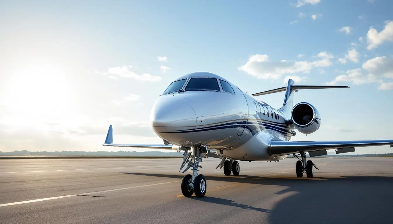 A sleek premier private jet is showcased on the tarmac, highlighting its luxurious exterior and spacious design, ready to provide an exceptional flying experience for business clients. The aircraft represents reliability and excellence in service, ensuring comfort and safety for its passengers.