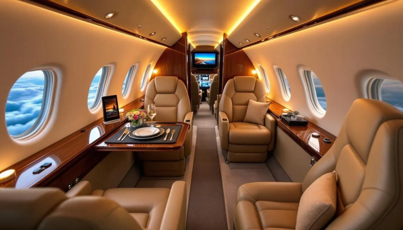 A luxurious interior of a premier private jet showcases plush seating and elegant design, offering a comfortable travel experience for business and leisure passengers. The image reflects the excellence and proven performance of the aircraft, emphasizing a unique and reliable service for clients looking to elevate their journey.