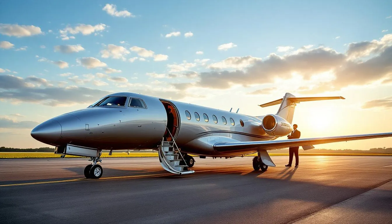 A turboprop private plane, such as a Beechcraft King Air, is shown in the image, designed to efficiently carry six to eight passengers to various destinations. The aircraft features a propeller-driven engine, making it an economical option for private flights, especially on shorter runways.