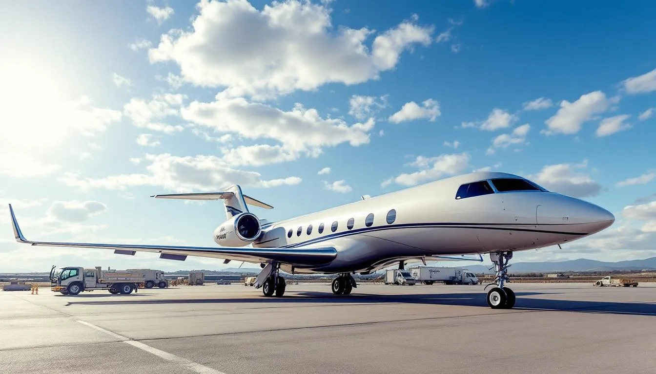 The image features a Gulfstream G700, one of the newest luxury private jets, showcasing its sleek exterior and large windows. Inside, the spacious aircraft cabin boasts a grand suite, fully equipped kitchen, and a full shower, designed for maximum comfort during long-haul flights.