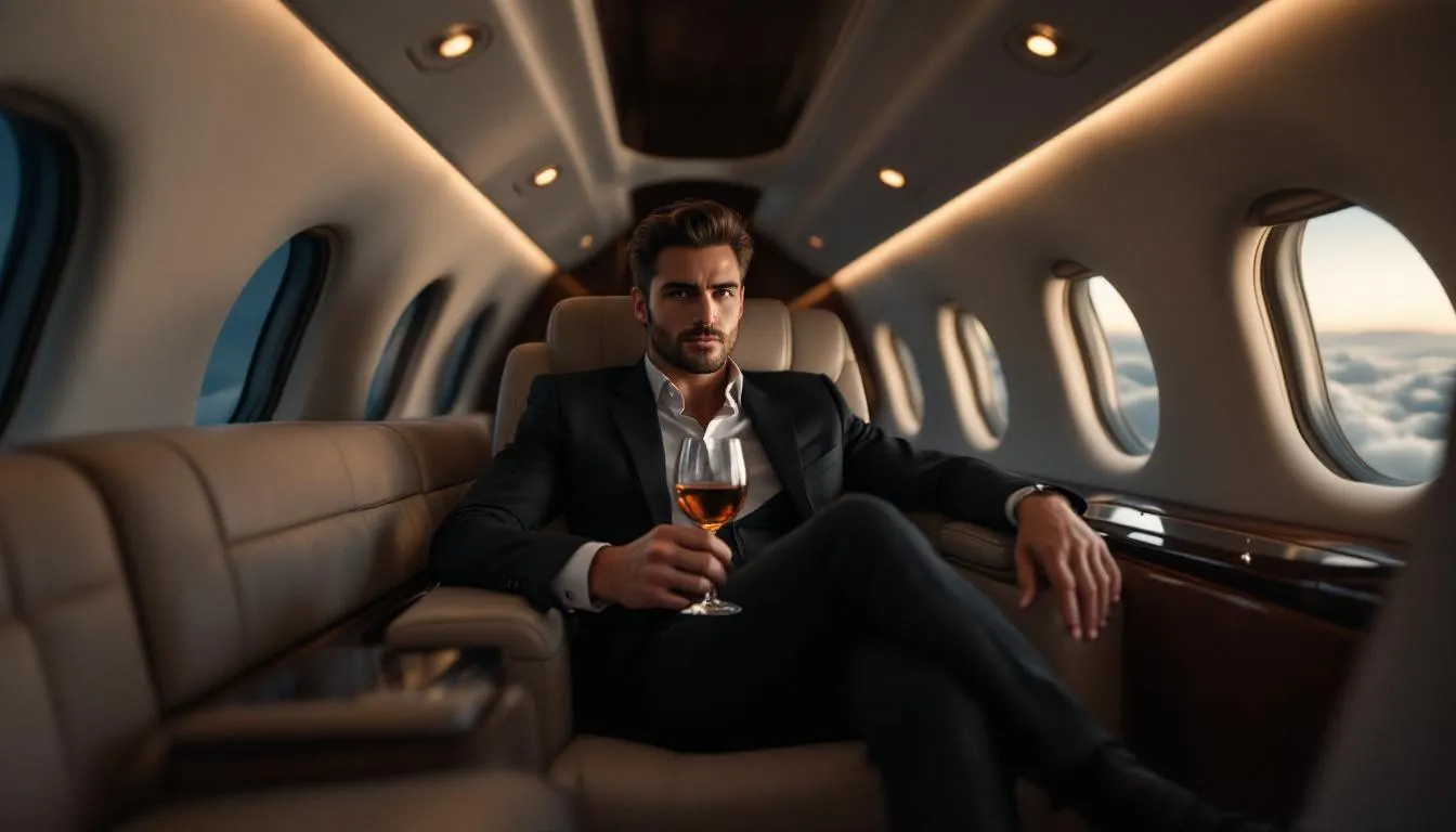 A luxury private jet interior showcases spacious cabin space with large windows allowing natural light, featuring a fully equipped kitchen and a grand suite with a full shower for ultimate comfort during long hauls. The aircraft is designed for business aviation, offering efficient seating arrangements and advanced flight deck features for pilots.