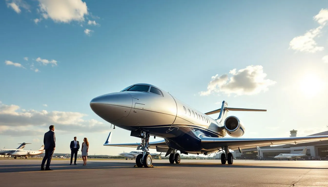 A sleek private jet from the Delta Private Jets fleet is parked on a tarmac, showcasing its modern design and luxurious features, symbolizing the high-end air transportation services offered by one of the largest private aviation companies. The image highlights the exclusive private jet travel experience available to customers, including benefits like guaranteed availability and access to empty leg flights.