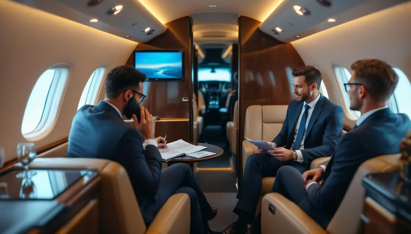 Inside a Delta Private Jet, a group of business executives is engaged in a discussion, surrounded by luxurious seating and high-end amenities that highlight the private jet experience. The atmosphere reflects the professionalism and comfort associated with Delta Private Jets, one of the largest private aviation companies, providing exceptional air transportation services.