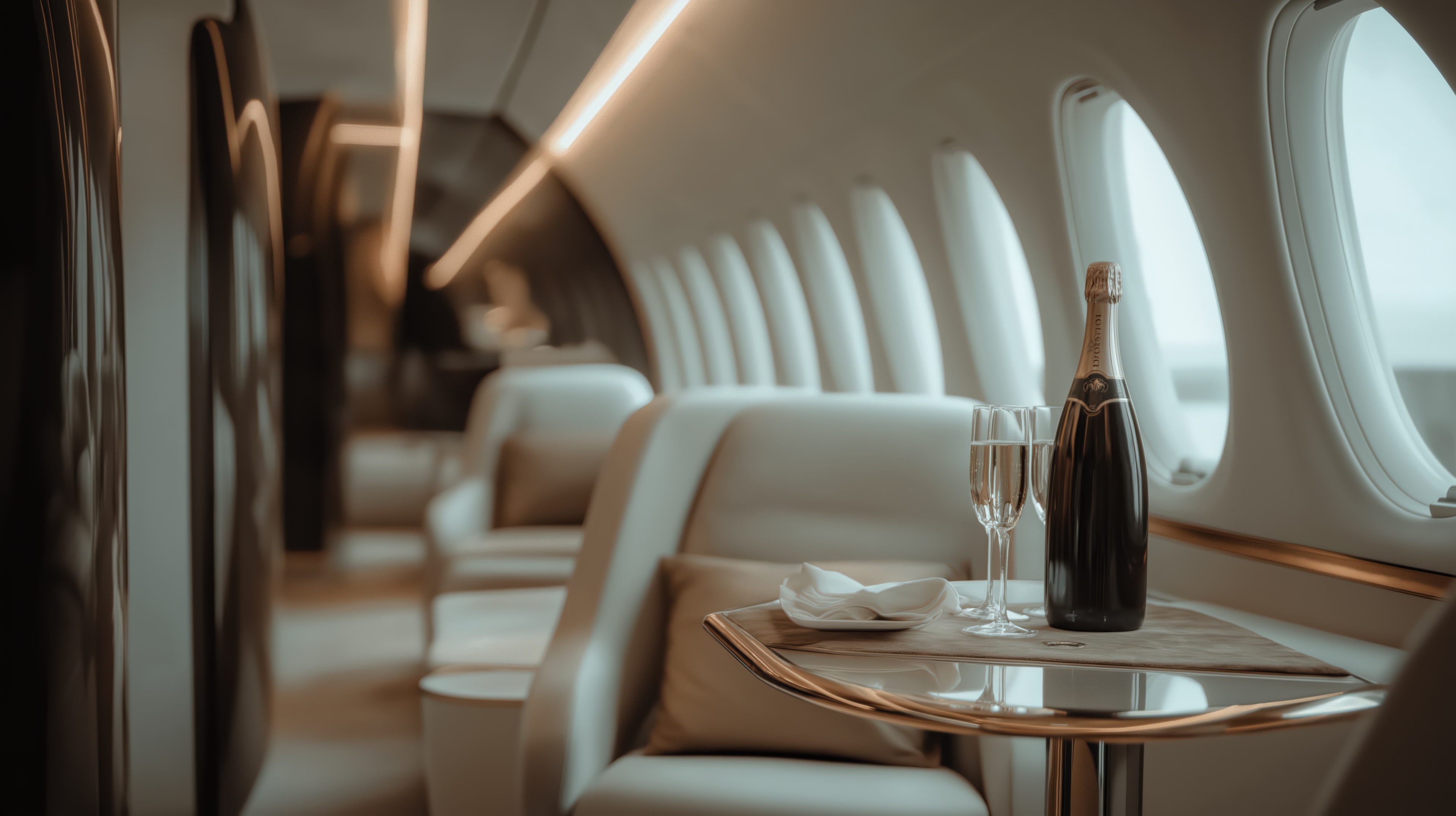 Private Jet interior  with wine and glass in the table