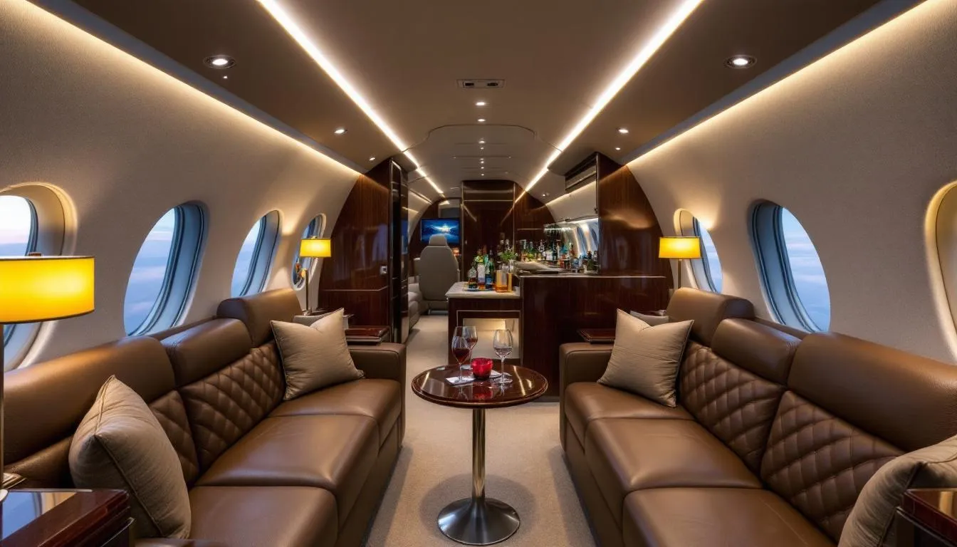 A business traveler is seen chartering a private jet, showcasing the luxurious interior of a modern aircraft, complete with spacious seating and high-end amenities typical of leading private jet manufacturers like Gulfstream and Dassault Aviation. The scene captures the essence of business aviation, emphasizing the convenience and efficiency of flying in a private jet.