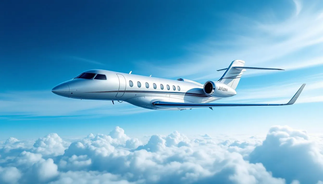 A sleek private jet soars through the thin air at higher altitudes, showcasing its ability to fly higher than commercial airliners. The aircraft is designed for efficiency and speed, allowing private jet flyers to enjoy direct routes with less drag and more fuel efficiency.