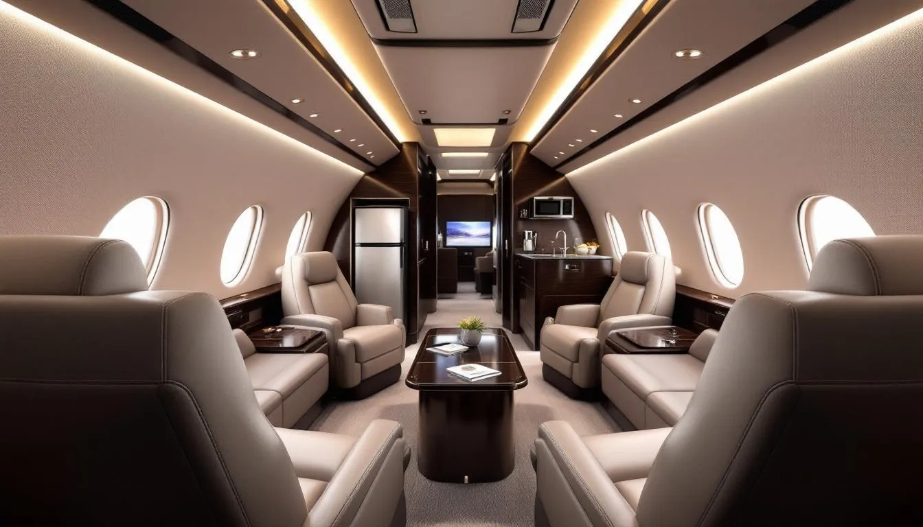 The image depicts a luxurious private jet cabin layout, showcasing spacious seating areas with club seats and lavish interiors designed for comfort. Key features include mood lighting, in-flight entertainment systems, and a refreshment center, all tailored to enhance the travel experience for passengers on long flights.
