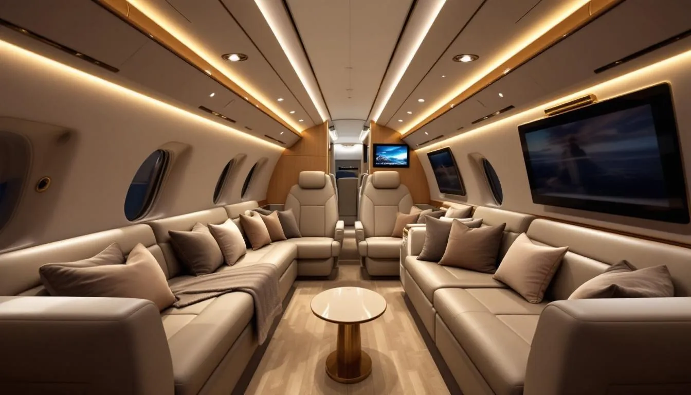 The image showcases a luxury private jet interior featuring lavish materials and a spacious cabin layout designed for comfort and relaxation. With club seats, mood lighting, and in-flight entertainment systems, this private jet offers an unparalleled travel experience unlike commercial aircraft.