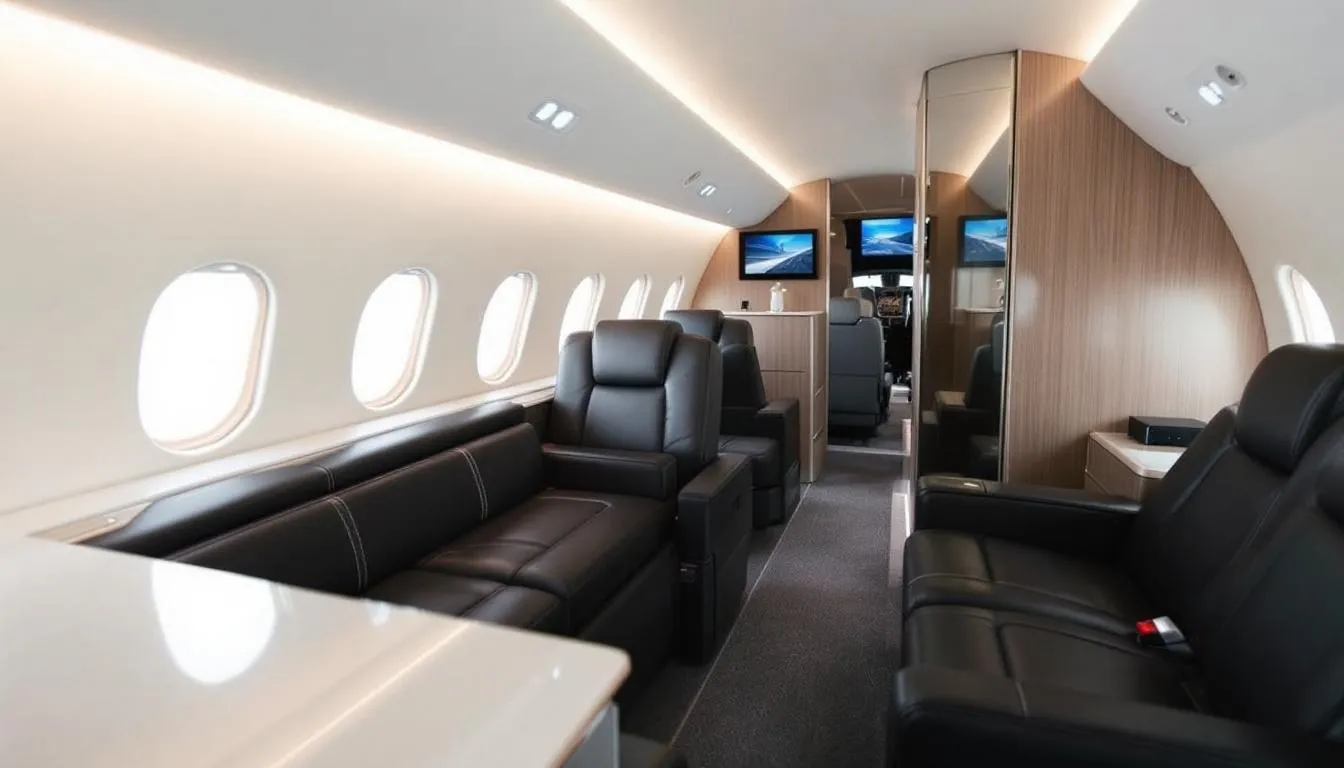 The image showcases the intelligent design and layout of a luxurious private aircraft interior, featuring modern design elements and high-quality materials that combine old-world craftsmanship with contemporary aesthetics. This captivating executive aircraft interior creates a beautiful and comfortable space, perfect for an enjoyable flight experience.
