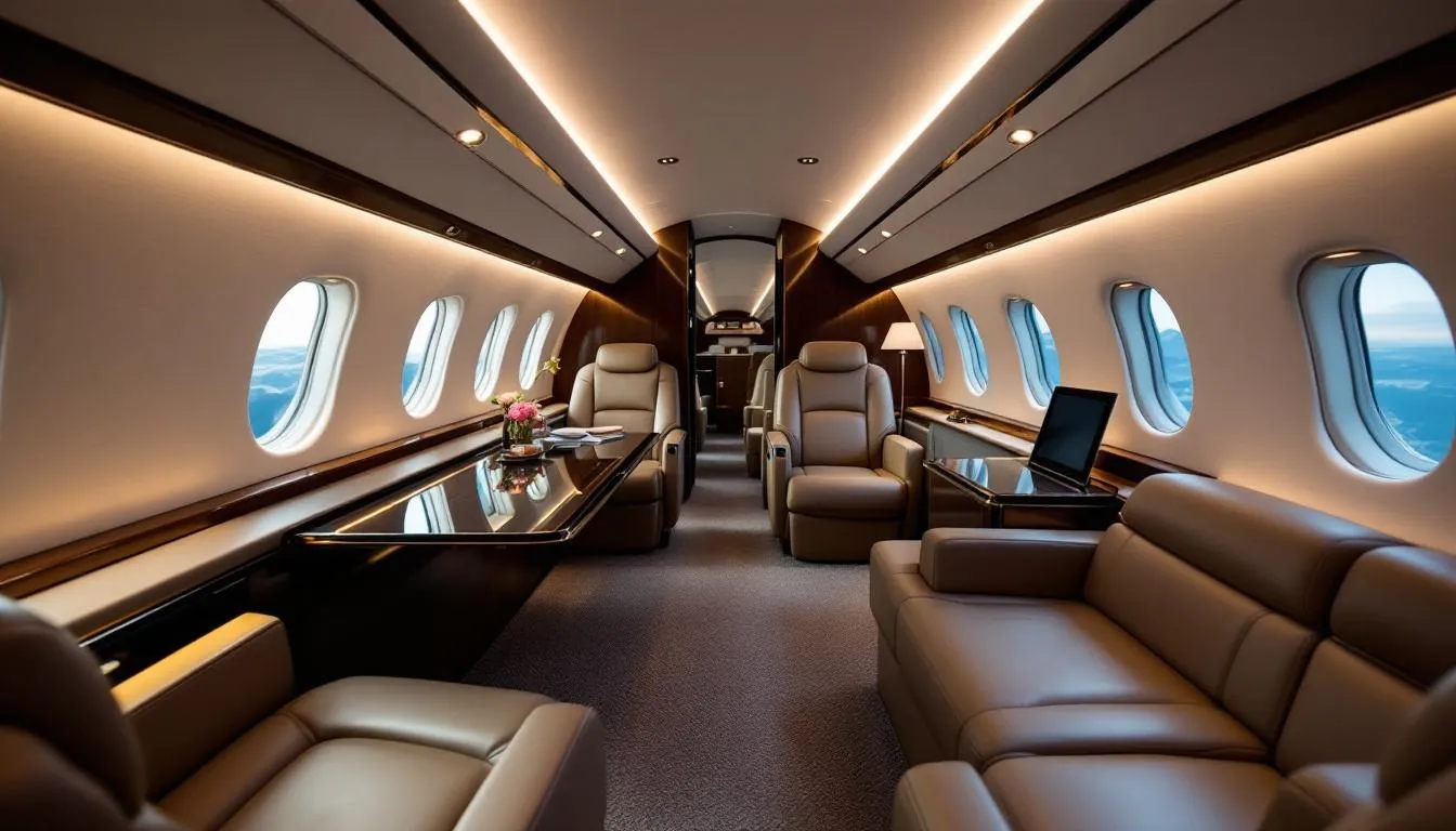 The image showcases the luxurious interior of a private jet, featuring modern design elements and high-quality materials that captivate the senses. With a blend of old-world craftsmanship and contemporary luxury, this executive aircraft interior exemplifies comfort and elegance, creating a welcoming space for private clients.