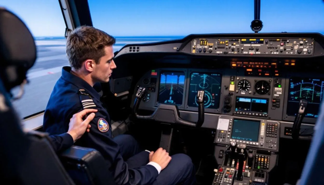 The image depicts a group of aspiring pilots engaged in commercial pilot training at a flight school, where they are learning about ground school training and flight maneuvers. Various flight training materials and aircraft models are visible, highlighting the comprehensive nature of the program aimed at obtaining a commercial pilot license.