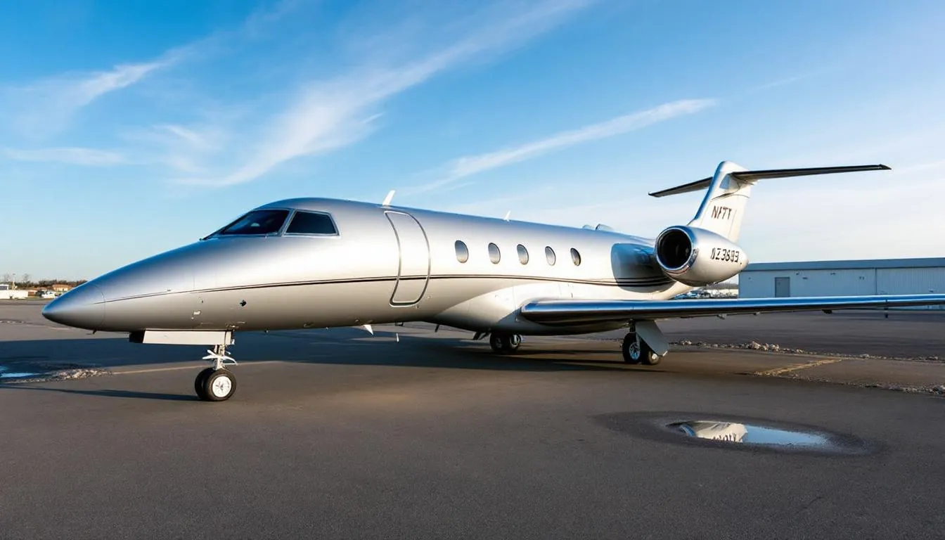 A sleek private jet is parked on the tarmac, showcasing its modern design and polished exterior, symbolizing luxury private flight travel. The image captures the essence of private jet charter services, highlighting the appeal of owning or renting private jets for international flights.