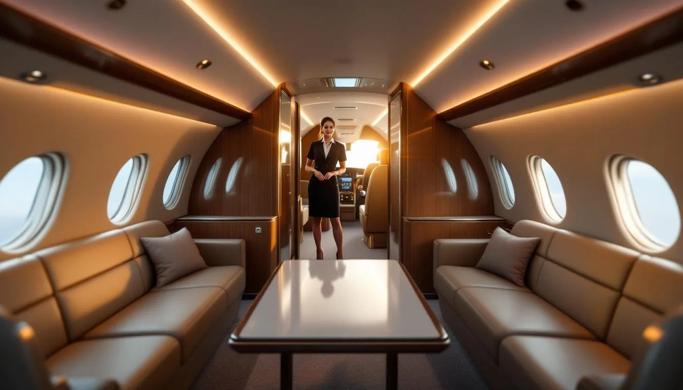 A person is using a digital device to book a private jet charter, with options displayed for various aircraft types, including light jets and larger jets. The screen shows details such as private jet rental costs, flight hours, and preferred travel dates, highlighting the booking process for private flight travel.