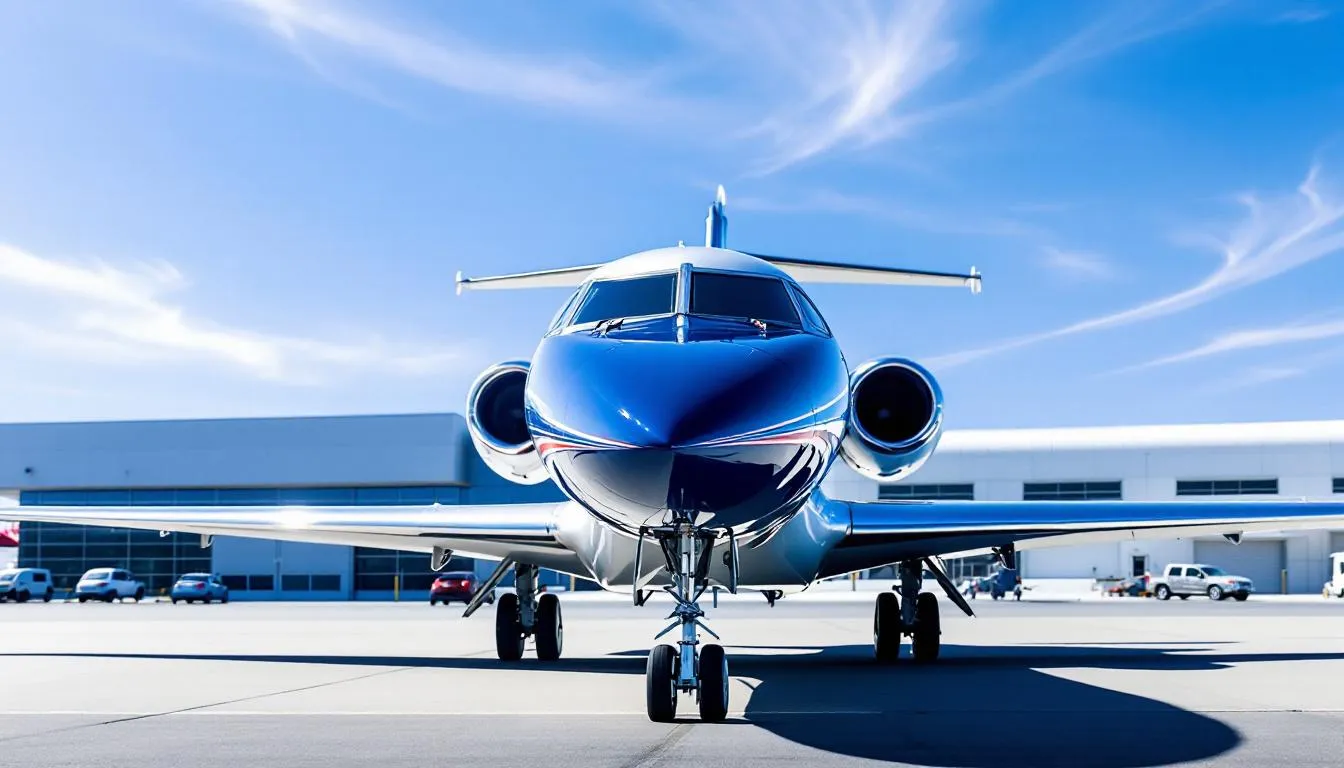 The image illustrates the private jet market, showcasing various types of private jets including light jets and larger aircraft, along with a chart detailing private jet charter costs and rental prices. It highlights factors influencing private jet travel such as operating costs, flight hours, and additional fees associated with charter flights.