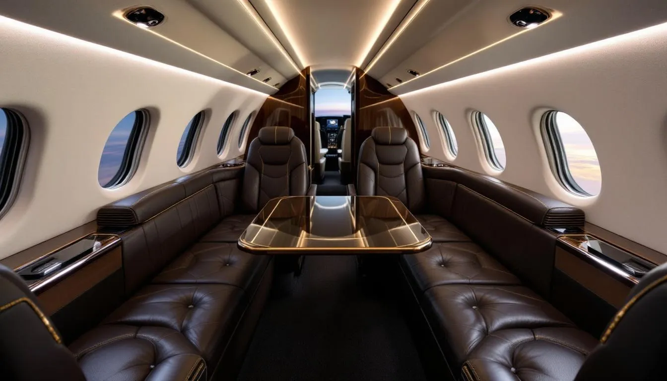 An image depicting a luxurious private jet soaring through a clear blue sky, showcasing its sleek design and spacious cabin interior, ideal for private jet travel. The scene emphasizes the elegance of private jet charters, highlighting the comfort and exclusivity associated with flying privately.