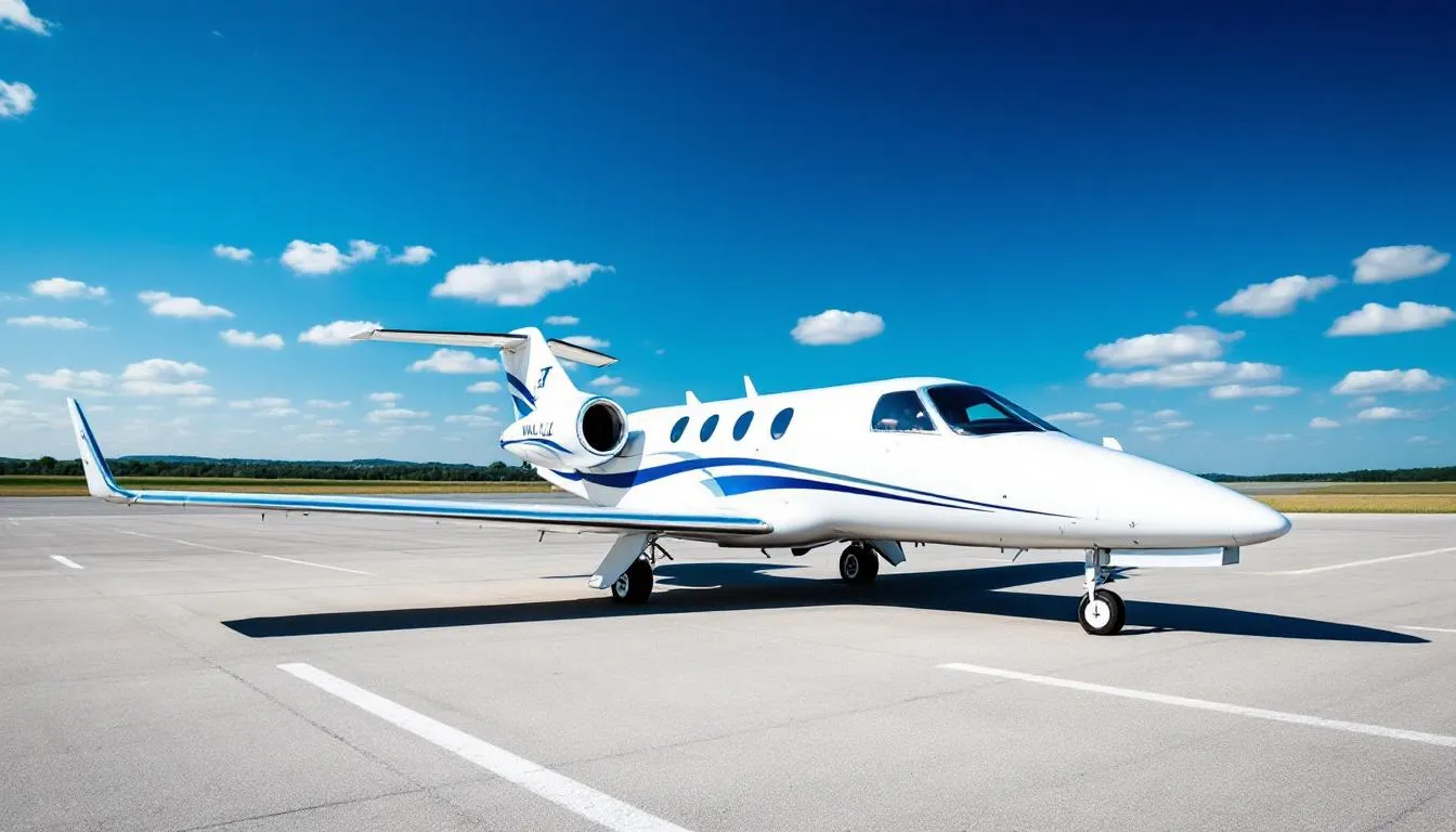 A sleek very light jet (VLJ) is shown parked on a private airport tarmac, highlighting its compact design and luxurious amenities. This image represents the world of private aviation, where individuals can charter a private jet for efficient and comfortable travel, often at varying private jet rental costs.