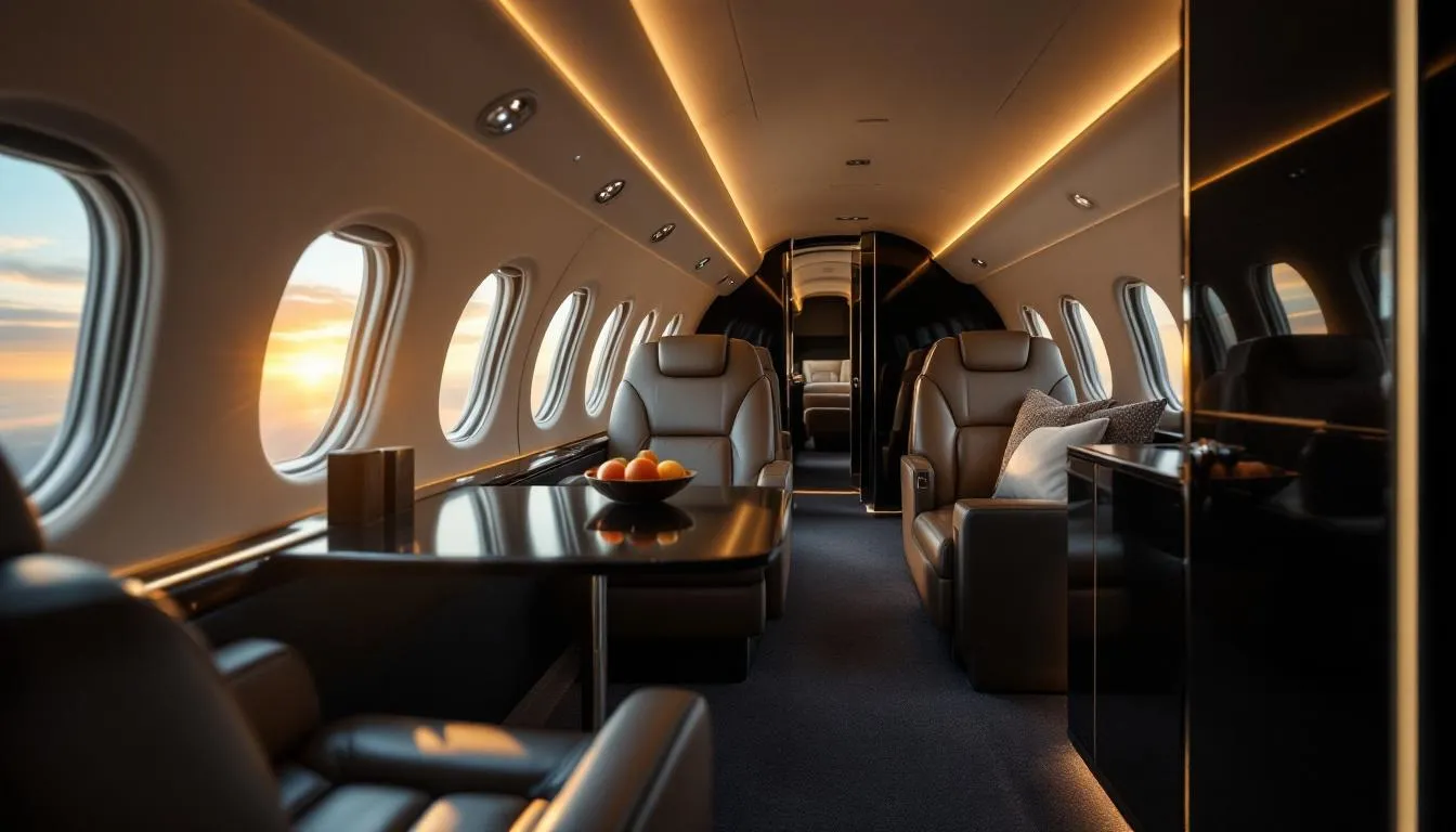 In the image, a person is seen booking private jet charter flights on a sleek, modern laptop, with an open webpage displaying various options for private jet rental pricing and available aircraft types, including light jets and larger jets. The scene conveys a sense of luxury and convenience associated with private jet travel, emphasizing the ease of arranging charter flights for business meetings or leisure travel.