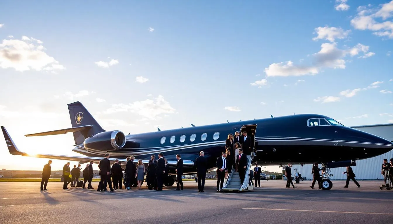 A group of passengers is boarding a luxurious charter flight, specifically arranged for a special event, showcasing the convenience and personalized services of charter airlines. The scene highlights the entire aircraft ready for takeoff, emphasizing the ease of the booking process and the comfort of flying with a dedicated crew.