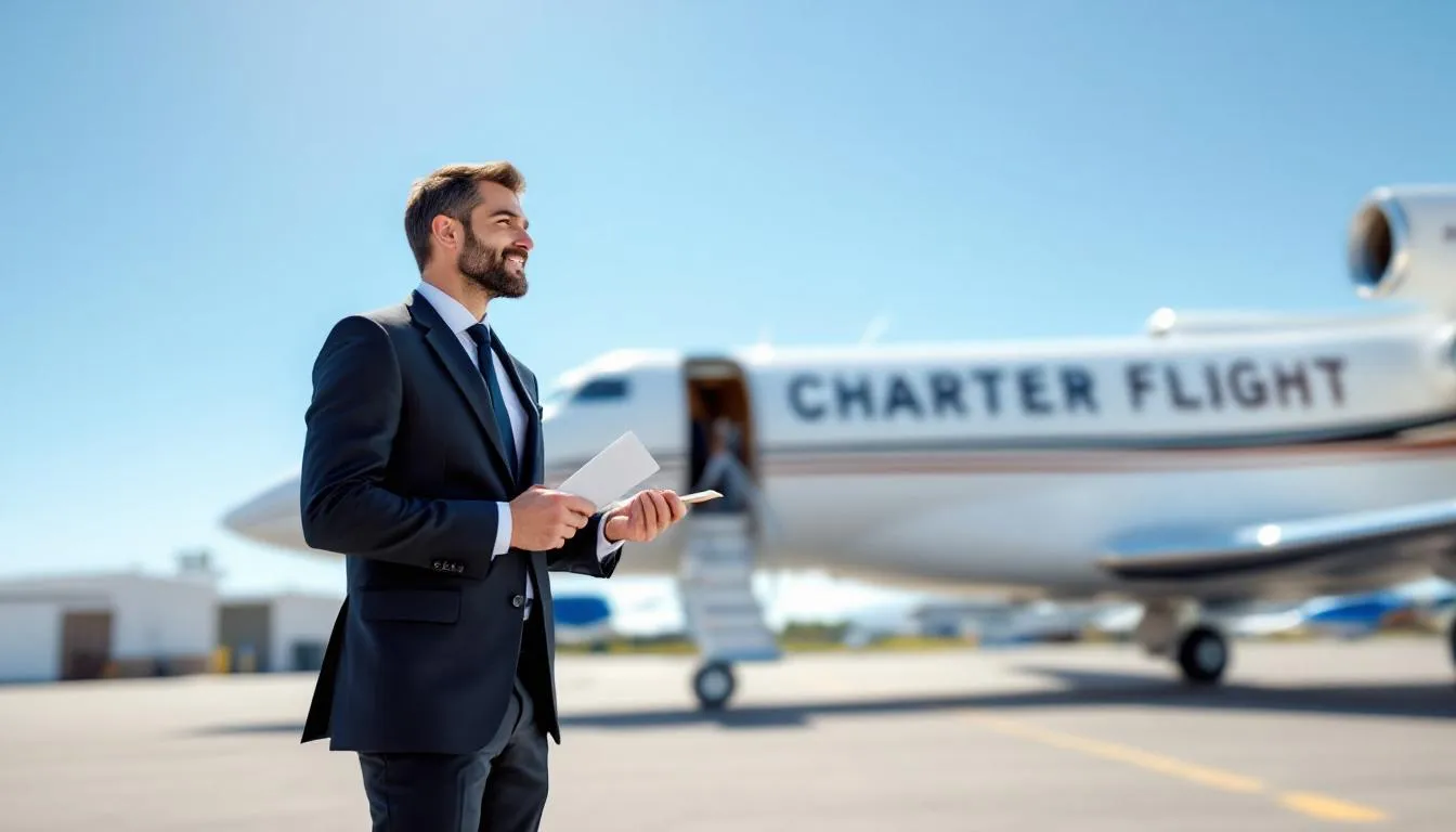 In the image, a person is engaged in the booking process for a charter flight, surrounded by a computer and travel documents, highlighting the convenience of charter airlines for special events and tailored travel needs. This scene emphasizes the ease of managing flight schedules and destinations for groups or families seeking a personalized flying experience.