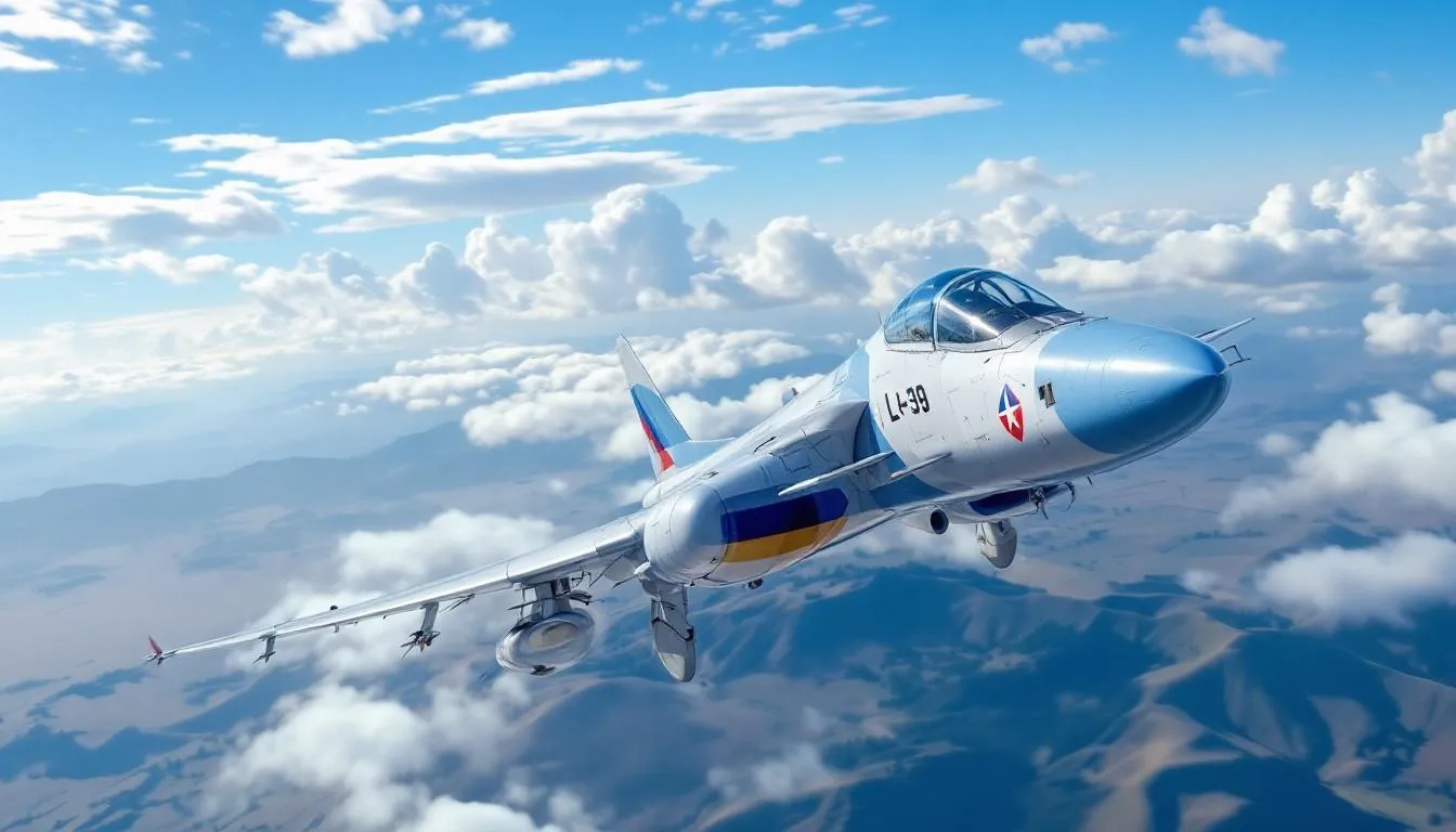 The image features an L-39 Albatros, a sleek fighter jet designed for training and air combat, soaring through the clear blue skies. The aircraft showcases its impressive maneuverability and climb rate, embodying the thrill of jet flight experienced by fighter pilots during their training.