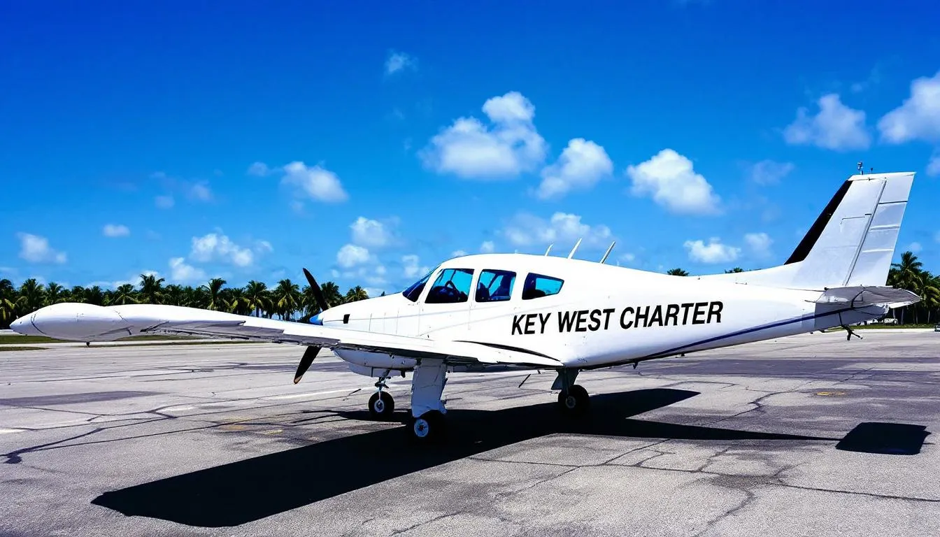 A private charter flight is seen taking off from Key West International Airport, showcasing a sleek private jet against a clear blue sky. This image captures the essence of luxury travel, as passengers embark on a journey to explore the beautiful destinations of the Florida Keys.