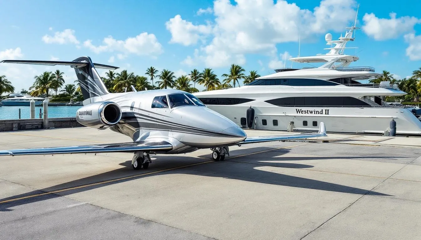 A luxurious private jet is seen flying over the stunning turquoise blue Caribbean Sea, heading towards Westwind II in Nassau, Bahamas, where vacationers can enjoy beachside relaxation, water sports facilities, and quick tennis games, all within walking distance of adjacent high-rise hotels and vibrant casino life.