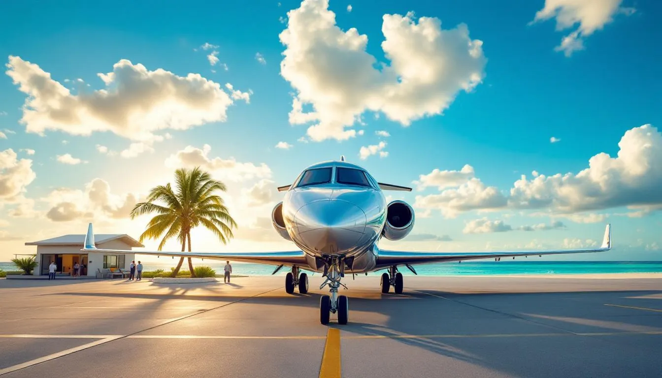 A private jet soaring through a clear blue sky, heading towards the stunning Caribbean islands, showcasing the luxury and convenience of private charter flights. The image captures the essence of air travel to popular destinations like the British Virgin Islands and St. Maarten, highlighting the beautiful beaches and exclusive amenities of private aircraft charters.