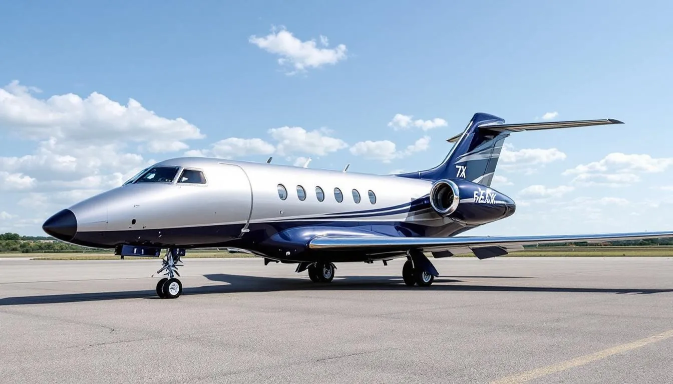 A sleek Falcon 7X private jet is parked at Centennial Airport, one of the busiest general aviation airports, ready for charter flights to popular destinations like downtown Denver and the Denver Aurora metropolitan area. The aircraft showcases luxurious features, promising VIP treatment for passengers embarking on their journey.