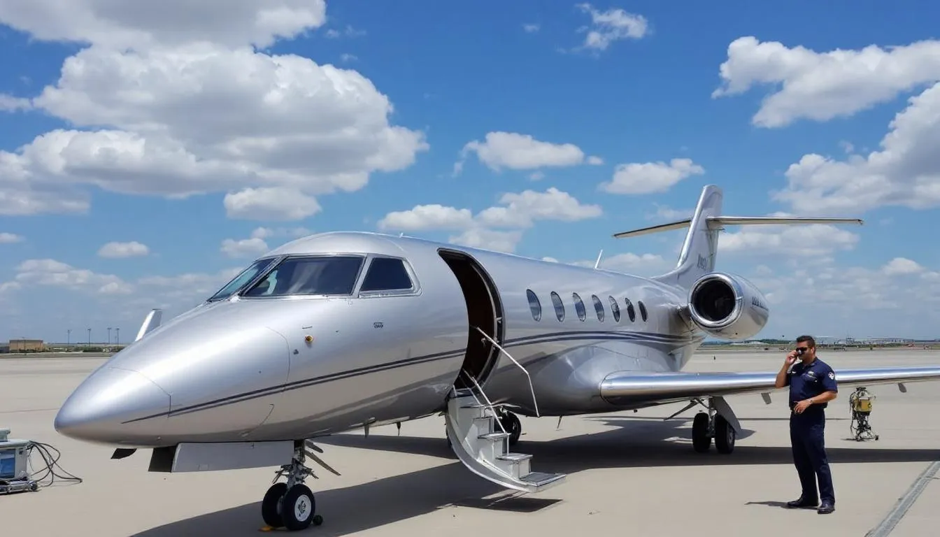 In the image, a private jet is parked at Tulsa International Airport, ready for private jet travelers. The background features the city skyline of downtown Tulsa, showcasing its art deco architecture and nearby attractions like the Philbrook Museum.