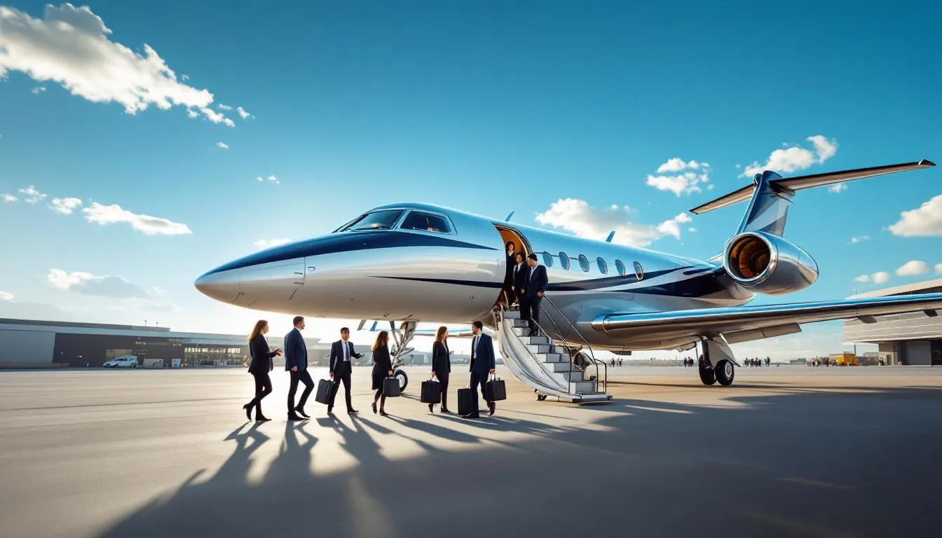 A sleek private jet is parked on the tarmac, ready for a charter flight, showcasing the luxury and convenience of private aviation. The image highlights the aircraft's elegant design, emphasizing the benefits of private jet travel, including flexibility and avoidance of commercial airport hassles.