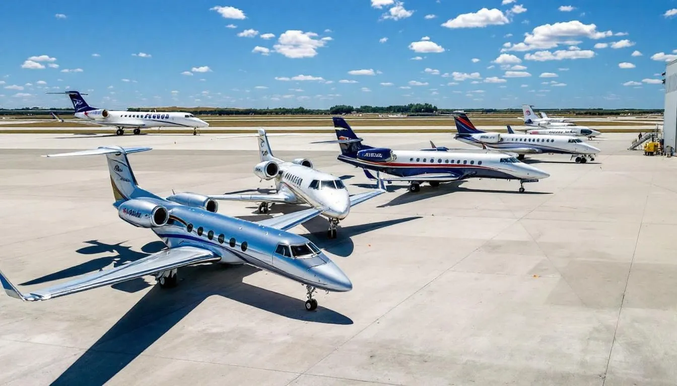 The image depicts a selection of various private jets available for charter flights, showcasing different aircraft types and sizes, emphasizing the diversity in the private aviation market. This visual representation highlights the convenience of private jet travel, allowing for flexible scheduling and a smooth journey without the hassles of commercial flights.