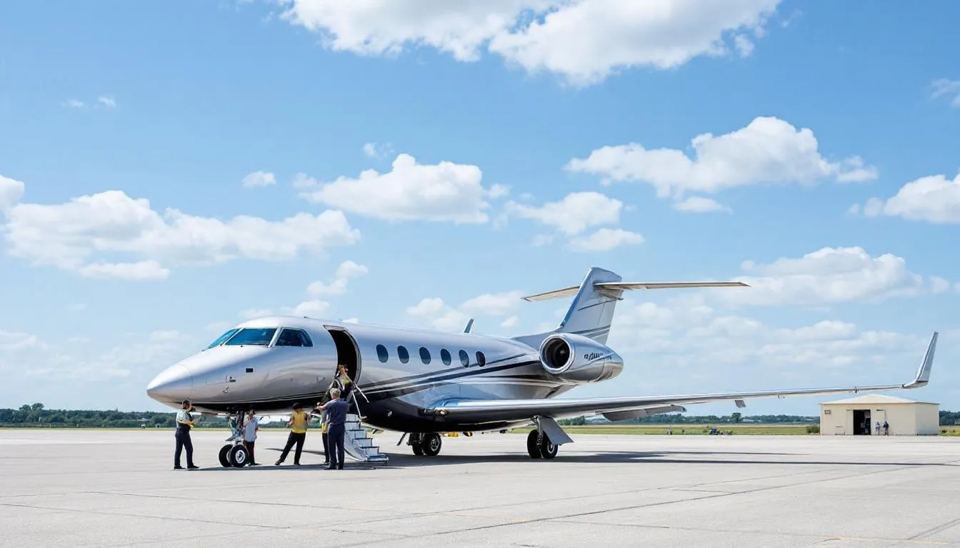 A sleek private jet is seen parked at Fresno Yosemite International Airport, ready for a charter flight to popular destinations like Yosemite National Park and Sequoia National Park. The aircraft offers a luxurious travel experience, ensuring comfort for passengers as they embark on their journey from Fresno, California.