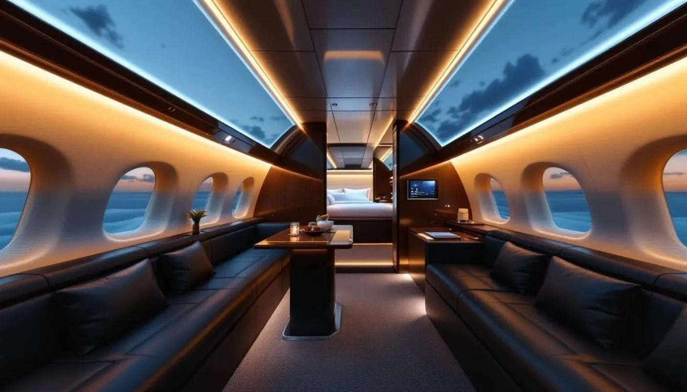 The image showcases a sleek and luxurious private jet interior, featuring a spacious cabin designed for maximum passenger comfort and advanced entertainment systems. This innovative design reflects the cutting-edge technology and unparalleled luxury found in the best private jets in the world, catering to discerning travelers and their specific needs during private flights.