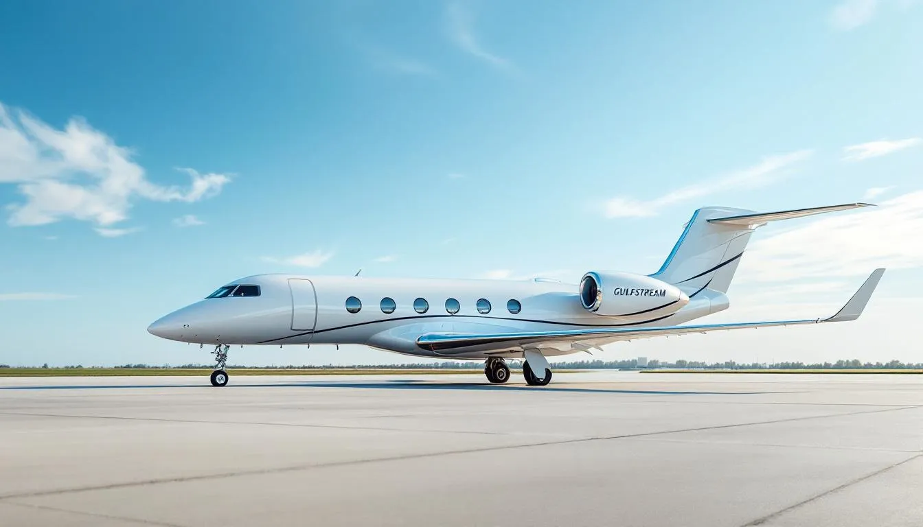 The image depicts a Gulfstream G700 private jet, showcasing its sleek design and luxurious interiors. This ultra long range jet is known for its advanced avionics and innovative safety features, making it one of the safest private jets in the world, prioritizing passenger safety and comfort during flight.