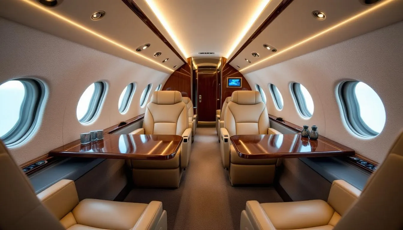 In this image, a luxurious private jet is showcased, highlighting its spacious cabin and advanced avionics, including an enhanced flight vision system that enhances safety and situational awareness for pilots. The jet represents the cutting-edge technologies and stringent safety standards that make it one of the safest private jets in the world, ideal for comfortable and secure travel.