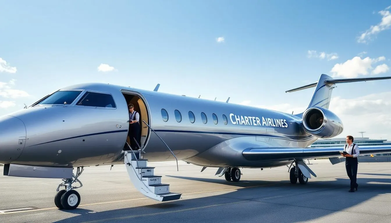 The image showcases a collection of private jets from various charter airlines, including Jet Linx Aviation and Talon Air, parked on a runway ready for air travel. The scene highlights the luxurious nature of private aviation, with a focus on the fleet of aircraft available for charter flights to destinations like the Caribbean, Hawaii, and Mexico.