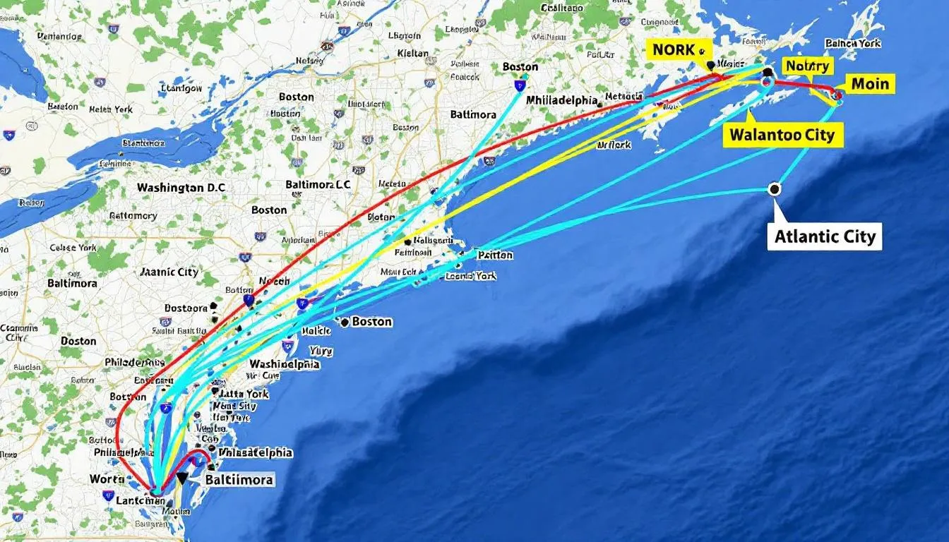 A detailed map illustrates popular charter flight routes to Atlantic City from major East Coast cities, highlighting the Atlantic City International Airport (ACY) as a key destination for private jet charters and flights. The map showcases various routes and flight times, emphasizing the convenience of private flights for travelers seeking to reach Atlantic City, New Jersey, known for its casinos and vibrant boardwalk.