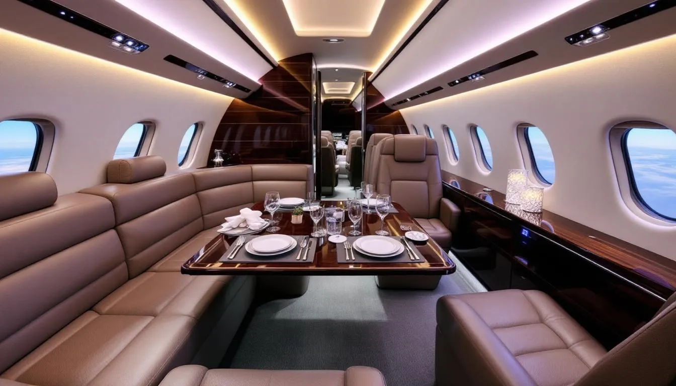 The image depicts the luxurious interior of a private jet, featuring plush seating and modern amenities designed for comfort and style. This elegant space is perfect for travelers seeking private flights to destinations like Atlantic City, offering a relaxing atmosphere for passengers during their journey.