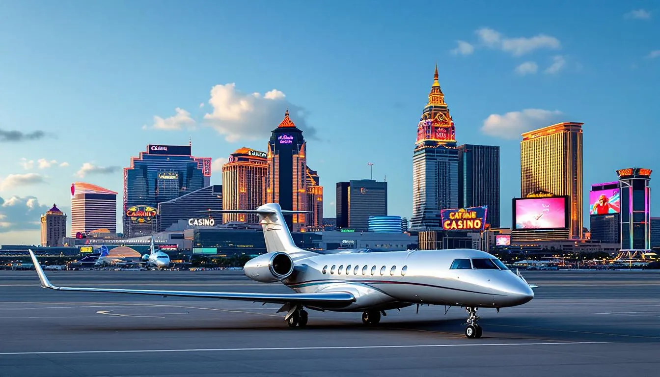 A luxurious private jet is parked on the tarmac at Atlantic City International Airport, with the vibrant casino skyline of Atlantic City, New Jersey, visible in the background, showcasing the city's famous landmarks. This scene highlights the allure of private jet charters and flights to popular destinations like Atlantic City.