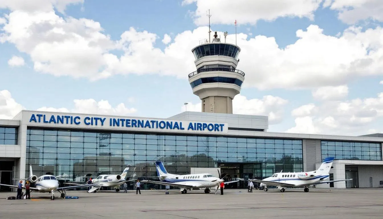The image depicts the Atlantic City International Airport terminal building alongside a control tower, with private jets stationed on the tarmac, highlighting the airport's role in providing charter flights and private flights to Atlantic City, New Jersey. The scene captures the essence of air travel, showcasing the aircraft ready for passengers seeking convenient travel options to popular destinations.