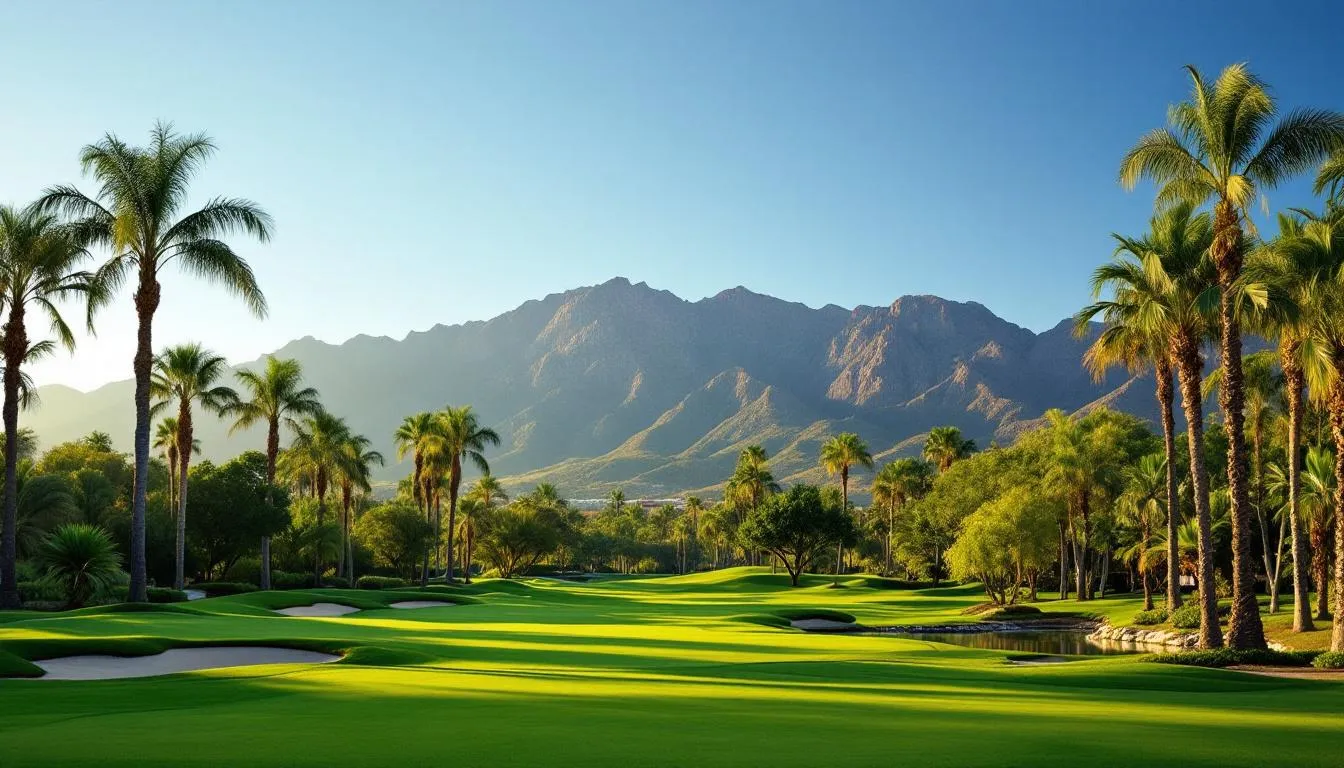 A stunning golf course at a luxury resort in Carlsbad, California, is depicted with majestic mountains in the background, highlighting the area's premium recreational offerings. The scene captures the essence of ultimate luxury and relaxation, perfect for those seeking a tranquil getaway amidst beautiful landscapes.