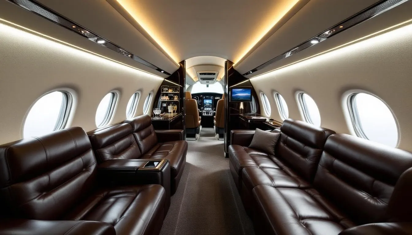 The image depicts the interior of a luxury midsize private jet cabin, featuring plush leather seating and modern amenities designed for ultimate comfort and convenience. This elegant space exemplifies the high standards of private aviation, offering a refined travel experience for those utilizing private jet charter services.