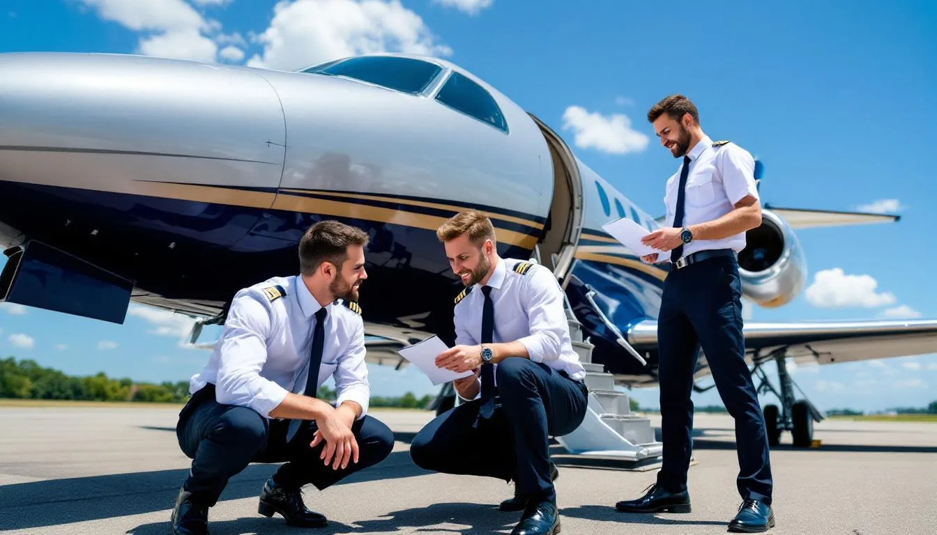 In the image, professional pilots are meticulously conducting a pre-flight inspection of a private jet at the airport, ensuring everything is in perfect order for a safe journey. This scene highlights the dedication and expertise of the team involved in private aviation services, emphasizing the luxury and convenience of private jet charter flights.