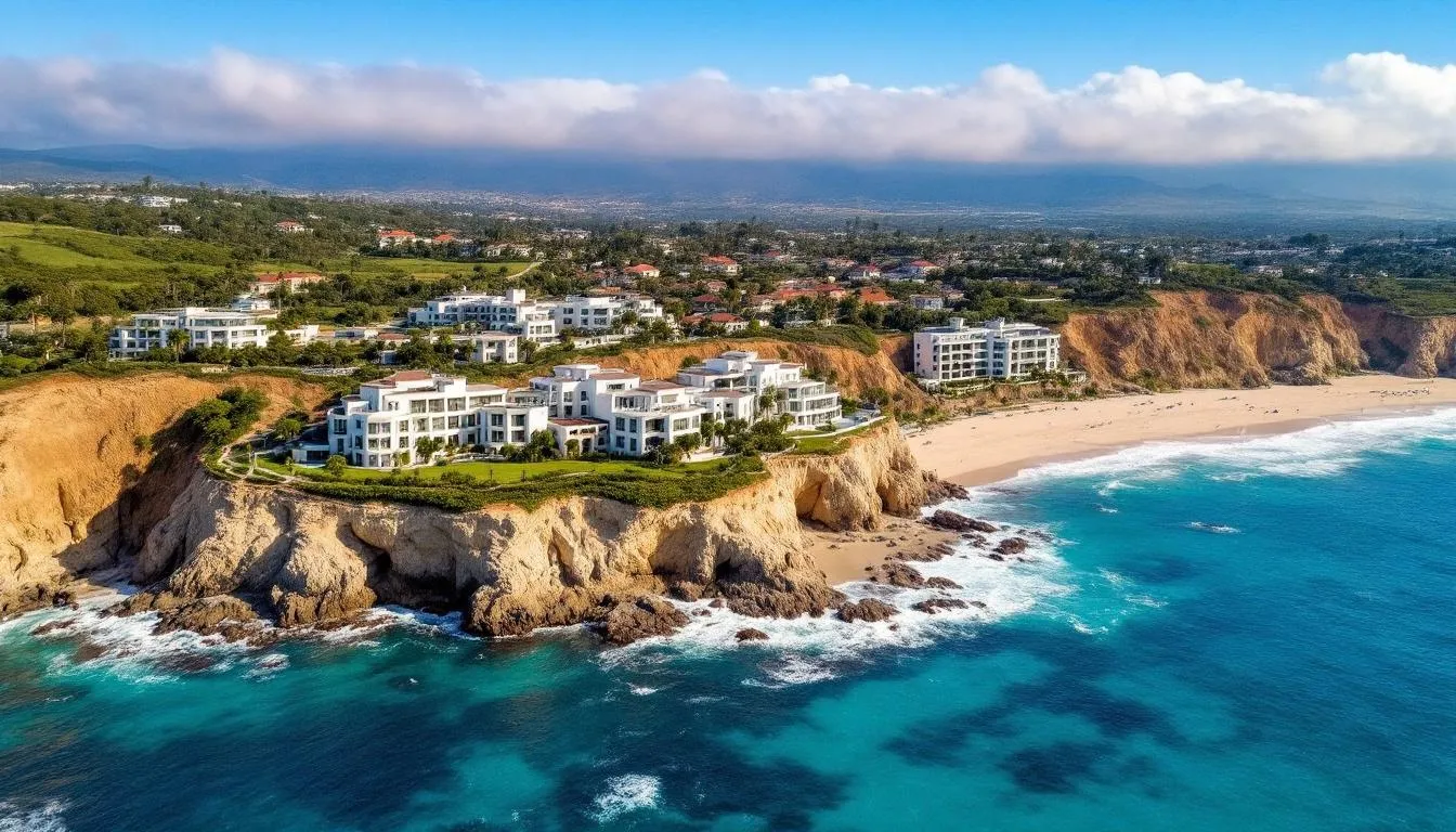 An aerial view captures the stunning coastline of Carlsbad, California, showcasing pristine beaches and luxury resorts nestled along the Pacific Ocean. This scenic landscape highlights the beauty of the Carlsbad area, perfect for those seeking ultimate luxury and a family-friendly vacation experience.