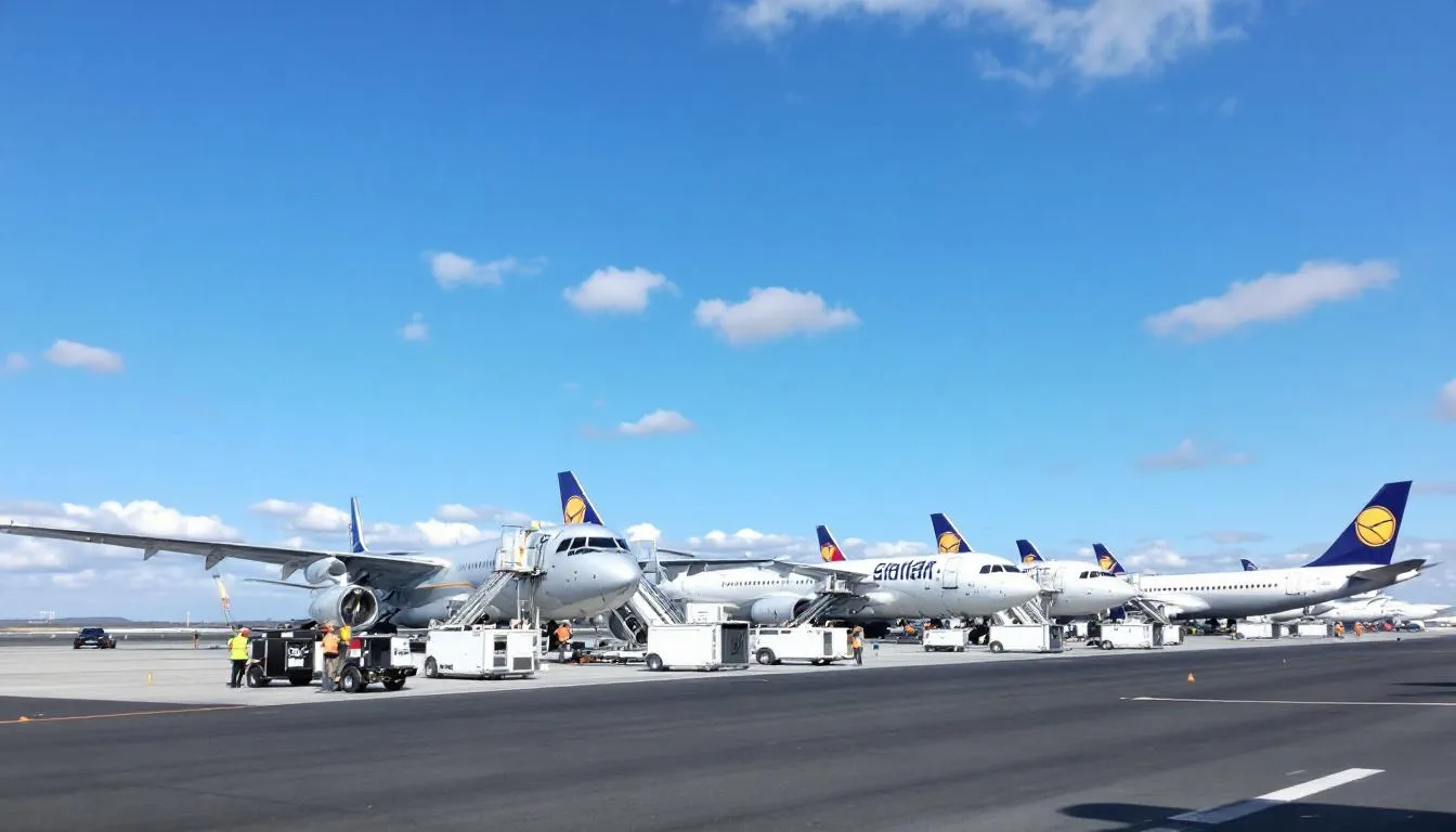 The image shows a row of modern commercial aircraft parked at an airport, with maintenance equipment positioned nearby, indicating ongoing operations for charter flights and passenger services. This scene reflects the bustling activity typical of airlines operating in regions like Europe and the Middle East.