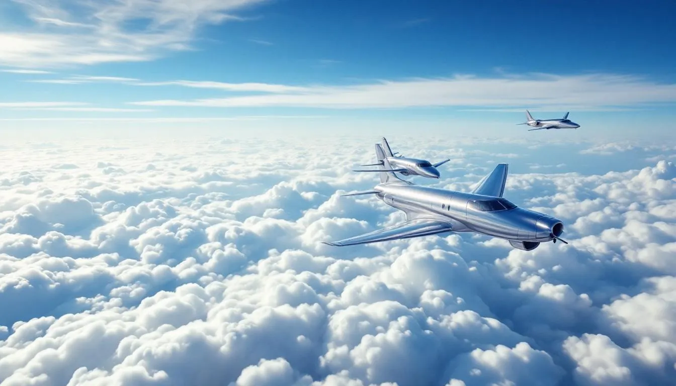 A modern aircraft soars above a blanket of fluffy clouds against a vibrant blue sky, symbolizing the seamless operations of charter flights connecting various destinations in Europe, the Middle East, and Africa. This image captures the essence of air travel, showcasing the sleek design of the aircraft as it transports passengers to their desired locations.