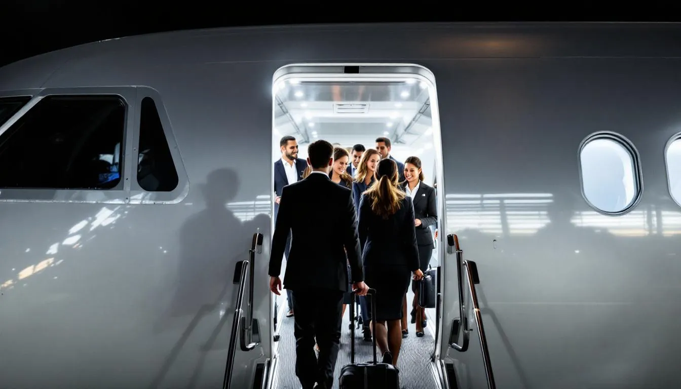 Passengers are boarding a modern aircraft, greeted warmly by flight attendants at the entrance, ready to embark on charter flights to various destinations in Europe and the Middle East, including Sofia and Varna. The scene captures the excitement of travelers as they prepare for their journey, highlighting the operations of the airline company.