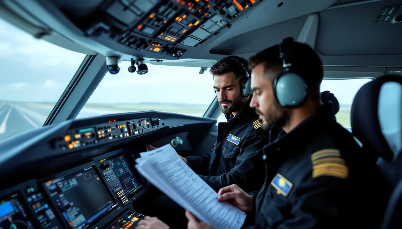 In the aircraft cockpit, two professional pilots are engaged in pre-flight procedures, ensuring the safety and readiness of the flight for charter flights to various destinations. The cockpit is equipped with advanced instruments and displays, reflecting the operations typical of airlines operating in Europe and the Middle East.