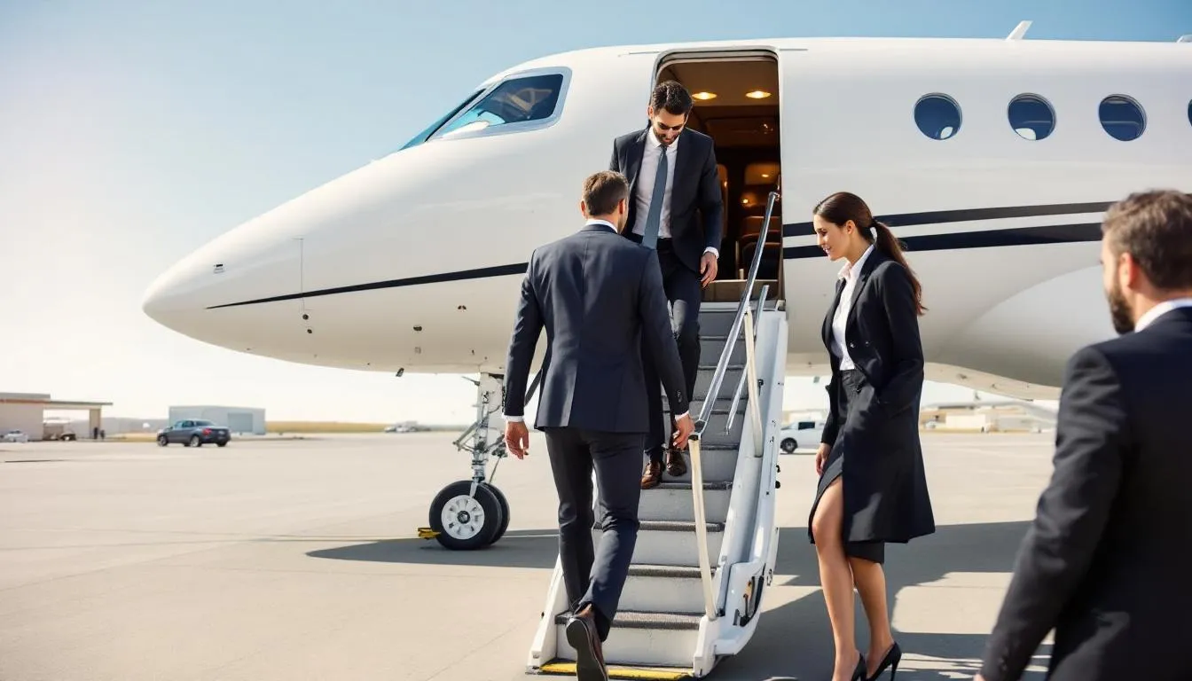 In the image, business travelers are seen boarding a private jet at a small airport, showcasing the convenience of private aviation for executive travel. The scene highlights the efficient boarding process, with the travelers ready to embark on their journey in a comfortable and spacious cabin designed for private jet travel.